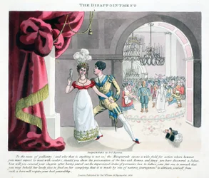 The Disappointment, illusztráció a "Fashionable Bores or Coolers in High Life" című könyvéből, Peter Quiz, pub. Thomas McLean, London 1824 (kézzel színezett metszet)